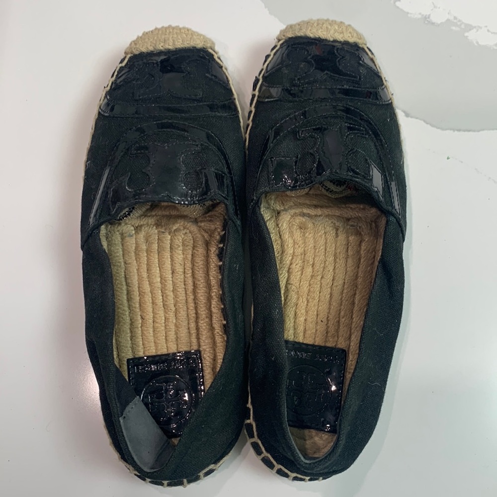 Tory Burch Black Espadrille Flats with Patent Logo Cap